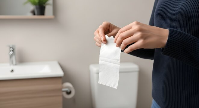 Hygiene routine in modern bathroom featuring toilet paper handling for personal care
