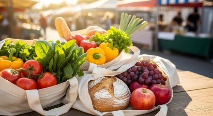 Fresh farmers market harvest featuring organic vegetables and fruits in reusable bags for eco-friendly shopping and healthy living