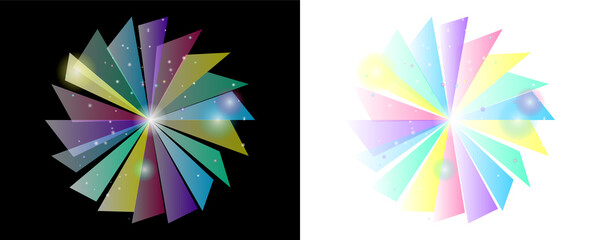 Two symmetrical abstract colorful geometric shapes resembling pinwheels or fans