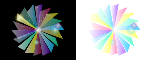 Two symmetrical abstract colorful geometric shapes resembling pinwheels or fans