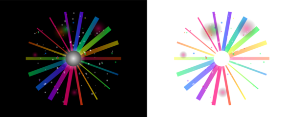 Abstract radial burst of colorful light streaks emanating from a bright central sphere