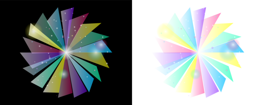 Two symmetrical abstract colorful geometric shapes resembling pinwheels or fans