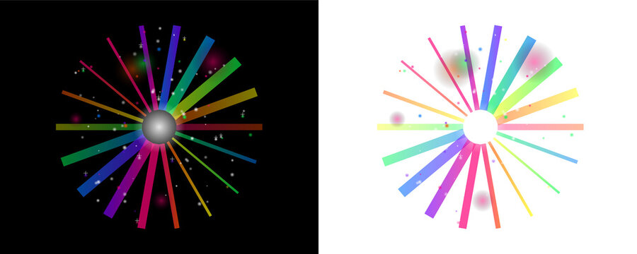 Abstract radial burst of colorful light streaks emanating from a bright central sphere
