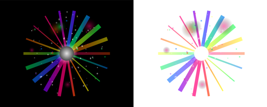 Abstract radial burst of colorful light streaks emanating from a bright central sphere