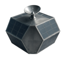 Hexagonal lunar craft featuring solar panels and a communication dish.