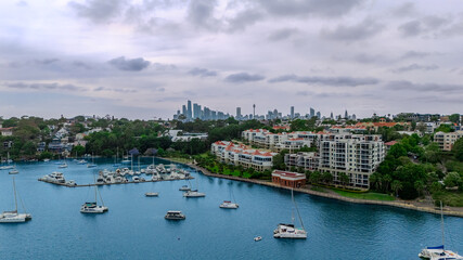 Fototapeta premium Aerial Panorama Drone view of Parramatta River Sydney Harbour between Balmain Gladesville Birkin Head Point and Roselle on the Bay Run Sydney NSW Australia