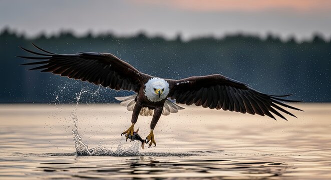 Majestic Bald Eagle in Flight, Grabbing Fish, Water Splash, Wildlife Action Shot.