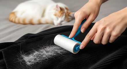 Cleaning cat hair with lint roller on fabric surface closeup concept for home hygiene and pet care