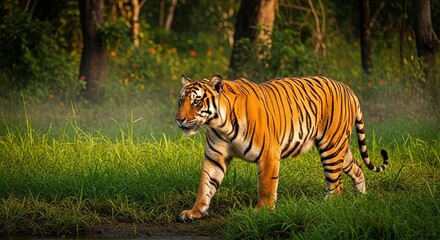Fototapeta premium Majestic Bengal Tiger Walking Through Lush Green Forest Habitat.