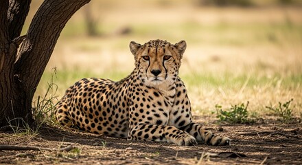 Obraz premium Majestic Cheetah Resting Under Tree, Observing, Focused, in Natural Habitat