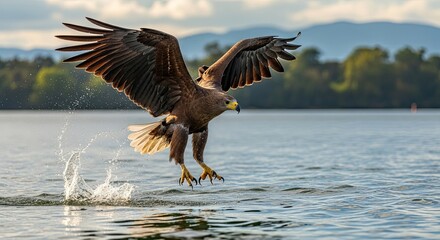 Obraz premium Majestic Eagle Soaring Over Water, Wings Spread, Hunting Prey.