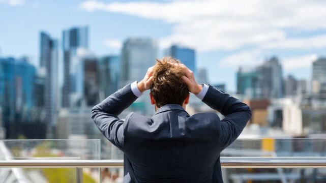 City View Frustration: A man in a suit stands with his hands on his head, gazing out over a cityscape. Evoking a sense of stress and contemplation.