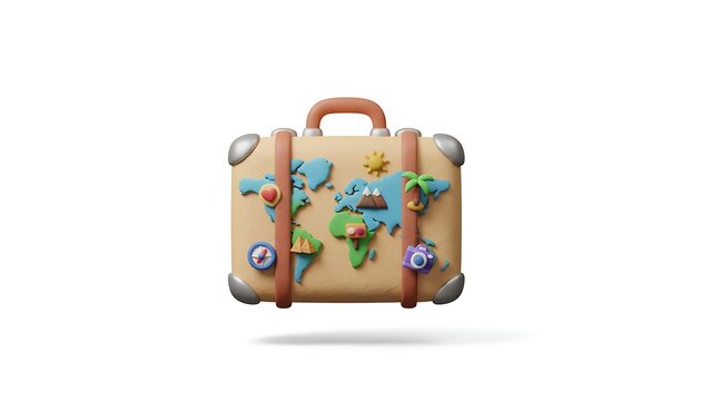 3D cartoon pastel suitcase decorated with mini world map and location icons, minimal travel concept, soft tones and clean shadows, isolated on white background.