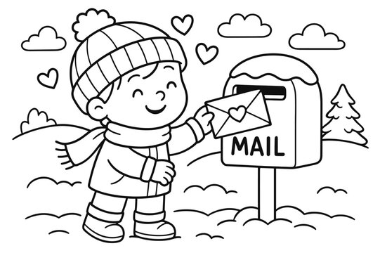 Winter Love Letters. Sending love letters in winter children?s coloring book illustration, outlined drawing,