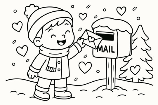 Winter Love Letters. Sending love letters in winter children?s coloring book illustration, outlined drawing,