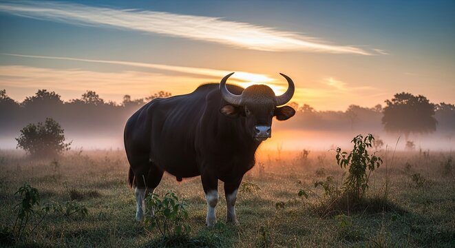 Majestic Gaur Bull Standing in Misty Sunrise Field.