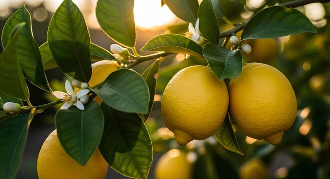 Fresh yellow lemons on tree branch against warm sunset light with green leaves and blossoms for organic gardening theme