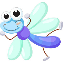 Happy Light Blue and Purple Cartoon Dragonfly With Translucent Wings and Big Googly Eyes Posing Joyfully on a Transparent Background