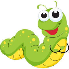Happy Cartoon Green Caterpillar Character with Yellow Spots and Big Eyes Smiling on Transparent Background