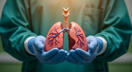 Medical professional displaying anatomical lung model for educational purpose in healthcare setting