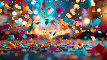 Colorful confetti and streamers fall against a blurred background of bokeh lights, creating a festive and celebratory atmosphere.