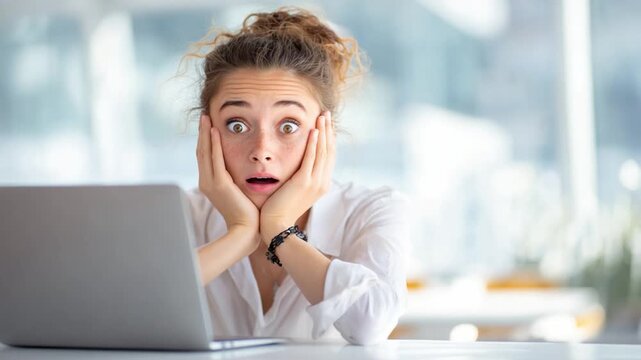 Surprised young woman: A close-up shot of a young woman's face, displaying a look of astonishment while in front of a laptop. Her wide eyes and open mouth express a sense of shock. 