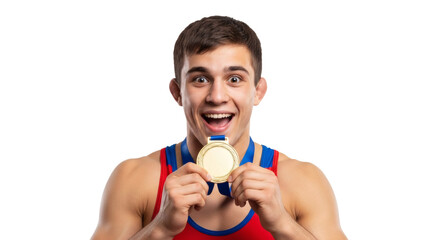 Fototapeta premium Wrestler athlete sport success champion medal winner competition victory achievement happy celebration on transparent background