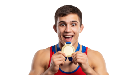 Wrestler athlete sport success champion medal winner competition victory achievement happy celebration on transparent background