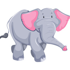 Gray Cartoon Elephant With Pink Ears Walking With Trunk Outlined Against Transparent Background A Playful Mammal Illustration
