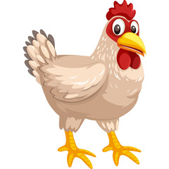 Farm Animal Chicken With White Feathers And Red Comb Standing Isolated On A Transparent Background With Yellow Beak And Legs Detailed Cartoon Illustration
