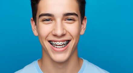 Happy teenager with braces smiling against blue background for dental care concepts and youthful joy