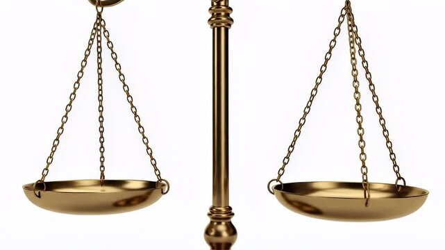 A gleaming golden balance scale, perfectly poised, stands prominently against a pure white background. This elegant metallic structure, with its delicate chains and empty pans, embodies timeless conce
