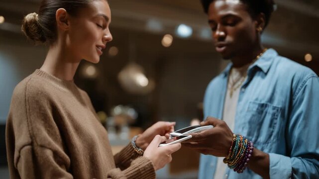 Diverse Couple Using Mobile Payment on Their Smartphones in a Store
