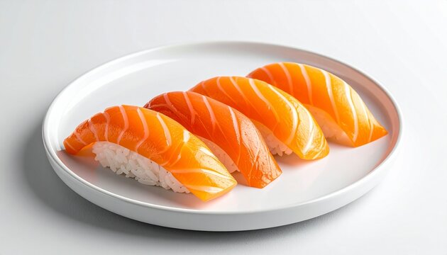 Photo of assorted Japanese sushi (salmon nigiri), arranged neatly on a clean minimalist plate,