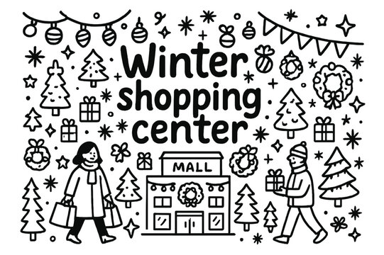 Winter Shopping Extravaganza. Winter shopping center. Hand-drawn doodle illustration of winter shopping center