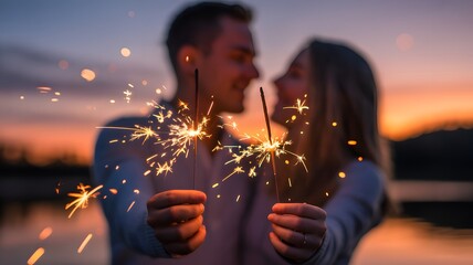 Romantic Couple Celebrating a Special Occasion with Sparklers During a Beautiful Sunset by the Lake Creating Lasting Memories