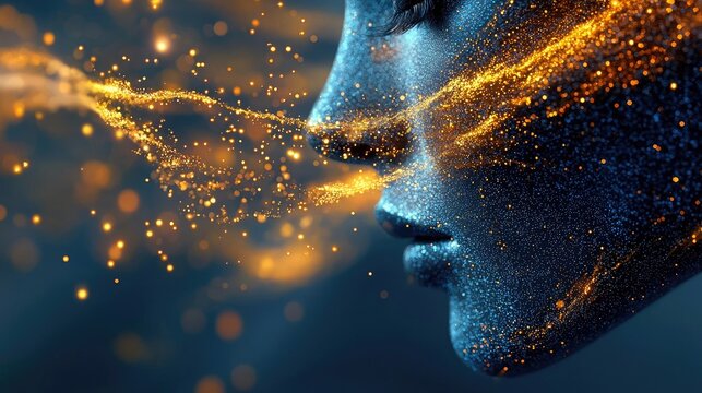 A close-up profile view of a person's face, covered in dark blue and golden glitter. A stream of bright golden particles flows across the face, creating an ethe