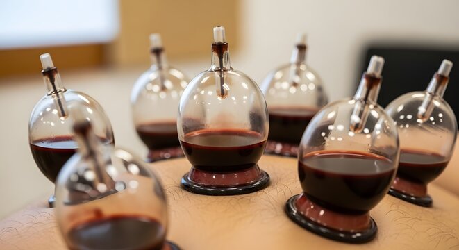 Cupping therapy session with multiple glass cups on skin emphasizing alternative medicine concepts