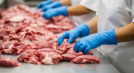 Meat processing in industrial facility with workers wearing blue gloves highlighting hygiene and production line efficiency