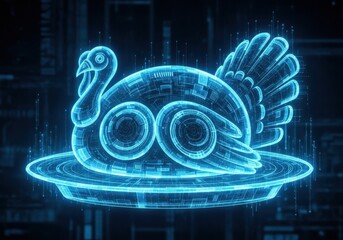 A glowing blue digital turkey on a platter, symbolizing futuristic holiday celebrations, artificial intelligence, and tech