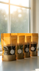 Four kraft paper standup pouches with clear windows and blank labels.