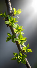 Vibrant young green leaves sprouting on a tree branch in early spring.