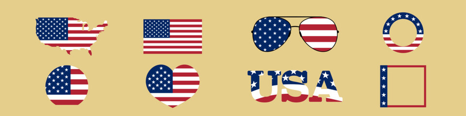 Collection of usa-themed designs with flag motifs in shapes like heart, map, and text. perfect for patriotic displays.