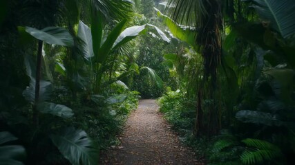 Path through lush green jungle with abundant foliage and dense vegetation