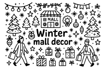 Winter Wonderland Mall. Winter mall decor. Hand-drawn doodle illustration of winter mall decor. Mall building,
