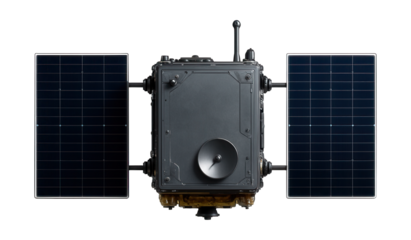 Rectangular navigation satellite with solar panels on opposing sides.