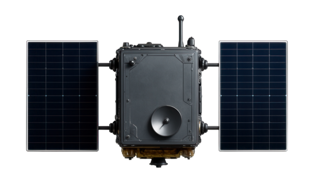Rectangular navigation satellite with solar panels on opposing sides.