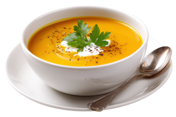 White bowl of vibrant orange soup with cream swirl parsley and pepper image, Isolated On Transparent Background, Png Cut Out