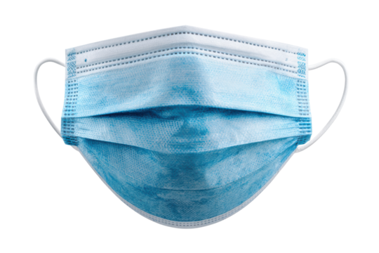 Close up of a blue disposable medical face mask with white ear loops image, Isolated On Transparent Background, Png Cut Out