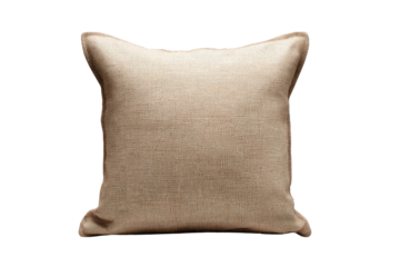Textured beige square cushion with stitched edges on black background pillow, Isolated On Transparent Background, Png Cut Out